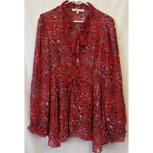 Davies by Erica Davies Red Sheer Blouse Women's LG Polyester Ruffles Key Hole